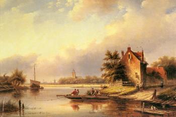 Jan Jacob Coenraad Spohler : A Summers Day At The Ferry Crossing